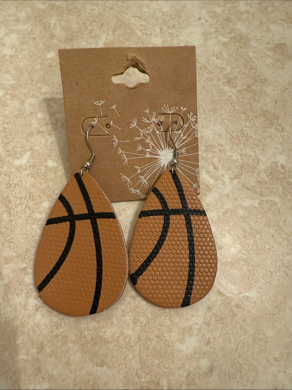 Basketball Teardrop Drop Earrings - Brown Leatherette